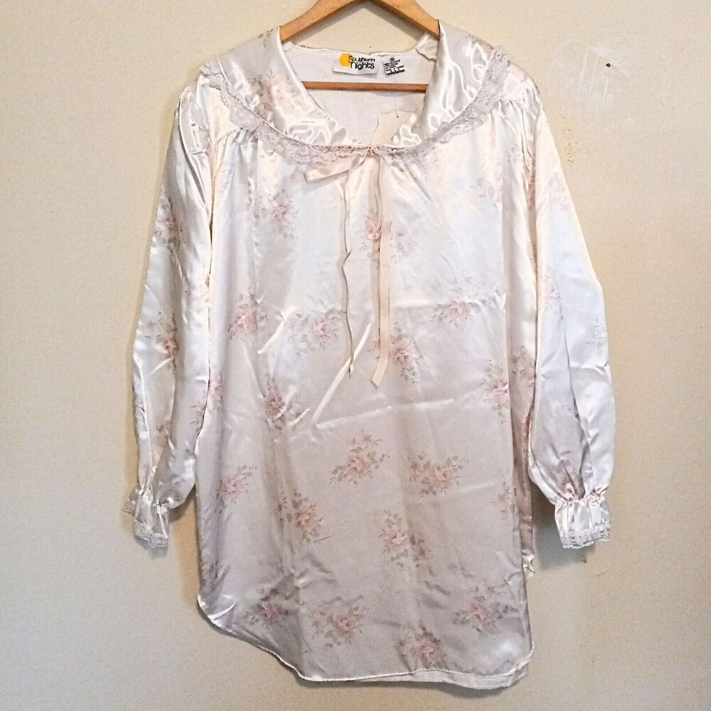 Vintage Southern Nights Satin Short Nightgown-Medium-Collared-Bow-Lined-NEW